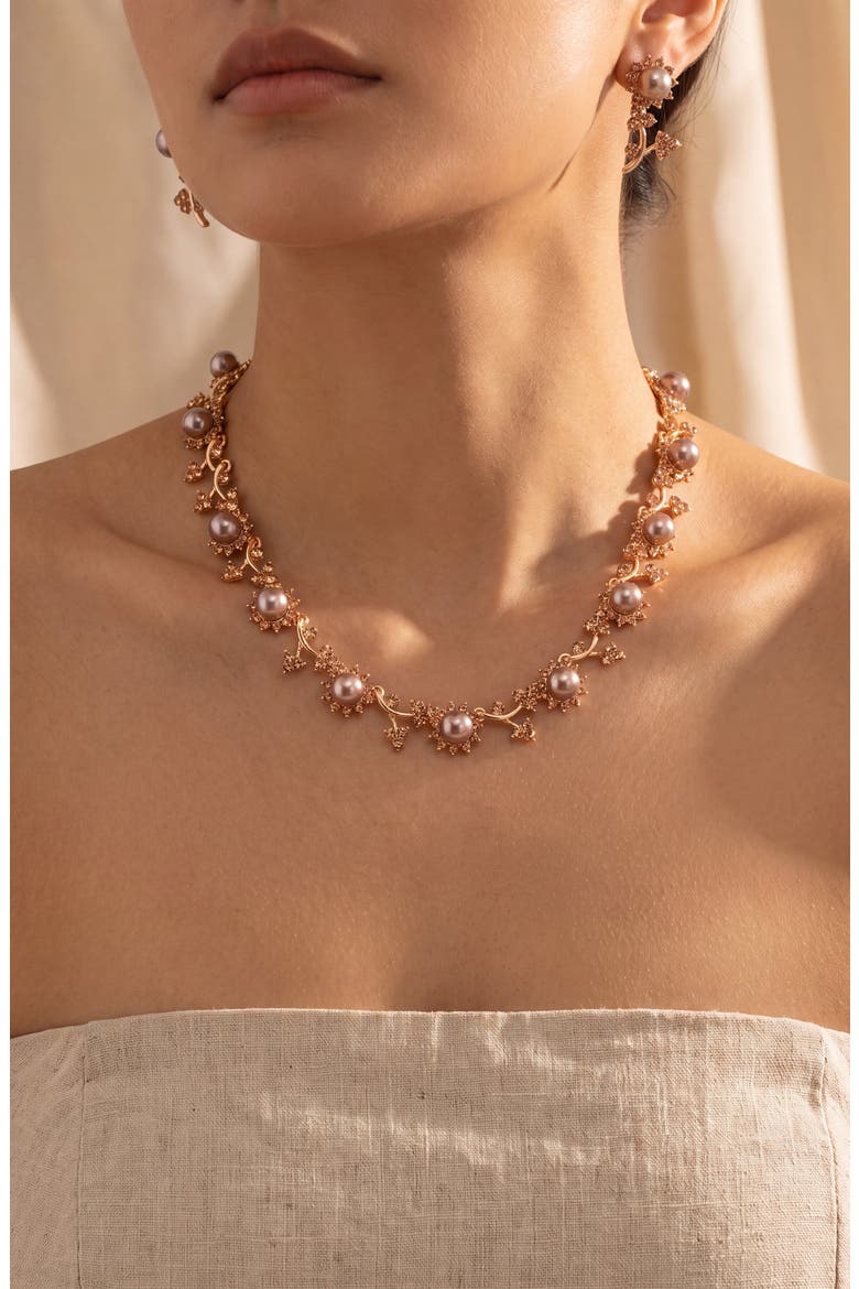Pearl and Crystal Floral Necklace and Earrings Set, Alternate, color, Gold