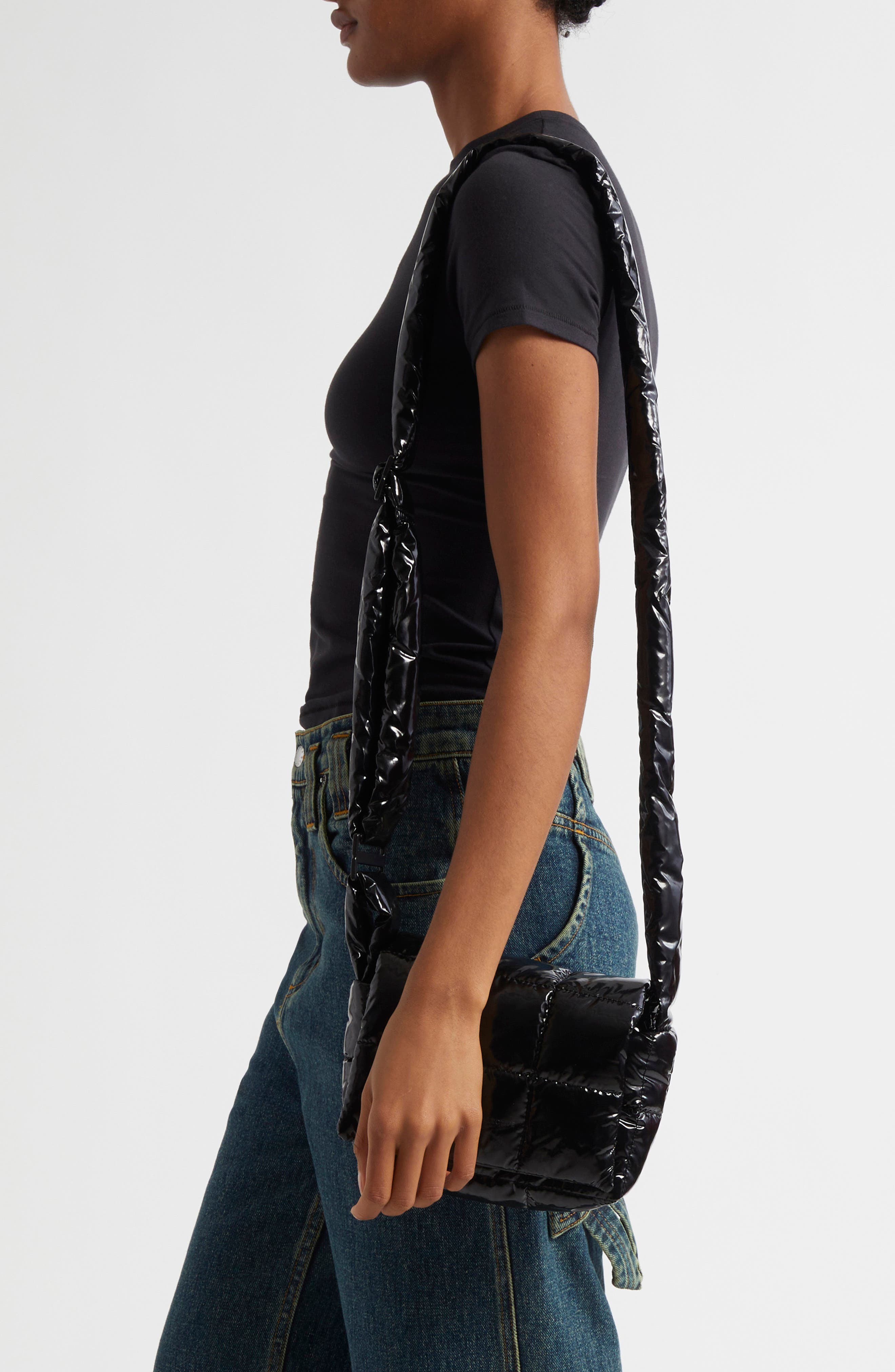 VeeCollective Mini Porter Quilted Recycled Nylon Messenger Bag, Alternate, color, Black Vinyl