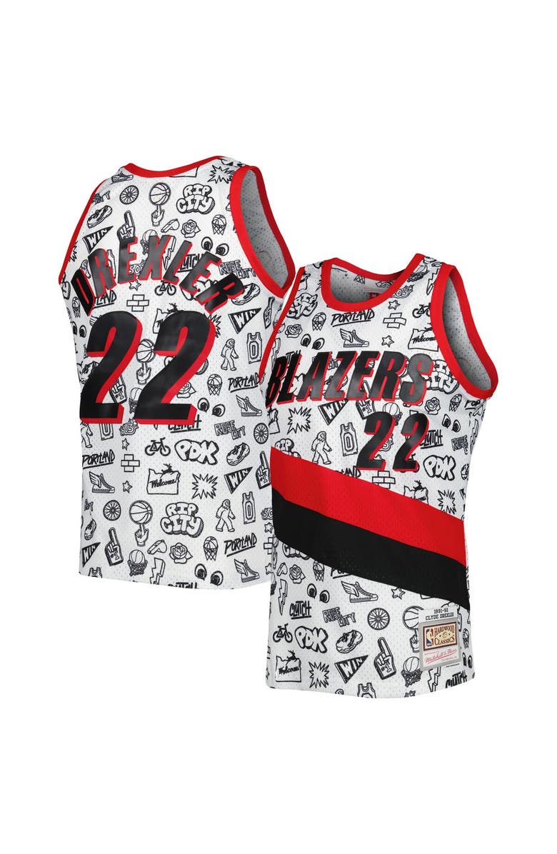 Mitchell & Ness Men's Mitchell & Ness Clyde Drexler White Portland Trail Blazers 1991-92 Hardwood Classics Doodle Swingman Jersey, Main, color, 
