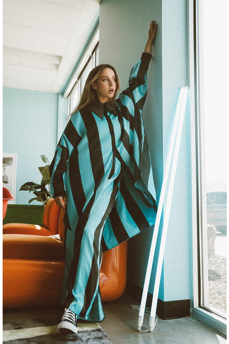 Posh Stripe Oversize Satin Button-Up Shirt & Pants Set, Alternate, color, BLUE/ BLACK