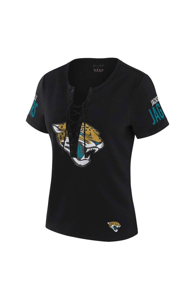 WEAR by Erin Andrews Women's WEAR by Erin Andrews x Gracie Hunt Black Jacksonville Jaguars Draft Me Lace-Up T-Shirt, Alternate, color, 