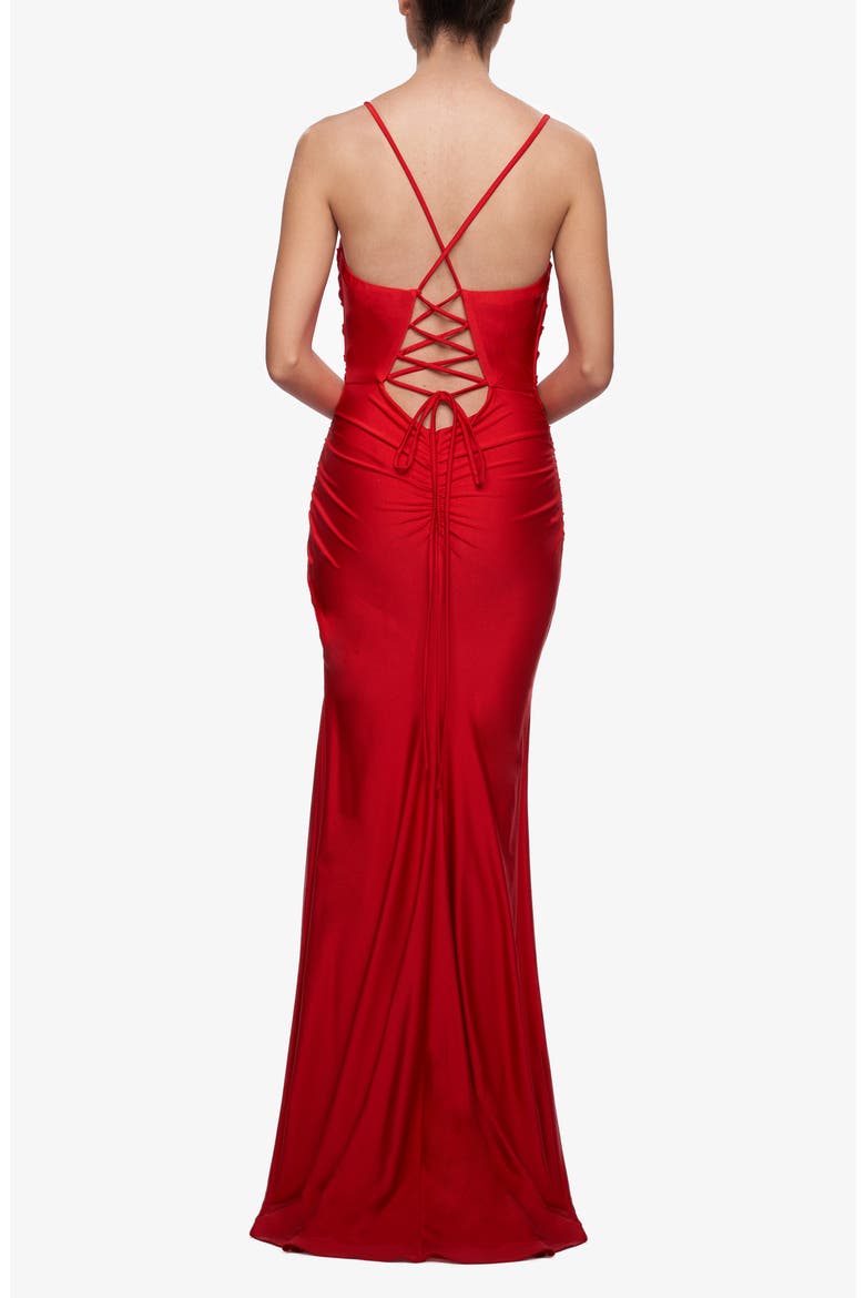 Long Jersey Dress with Draped V-Neckline and Ruching, Alternate, color, Red