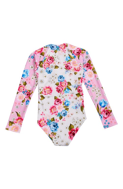 Agua Bendita Kids' Cindy Meraki Long Sleeve One-piece Rashguard Swimsuit In Pink