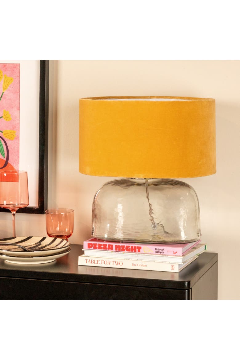 Modern Table Lamp with Glass Base and Velvet Shade, Mustard Yellow, Alternate, color, Green