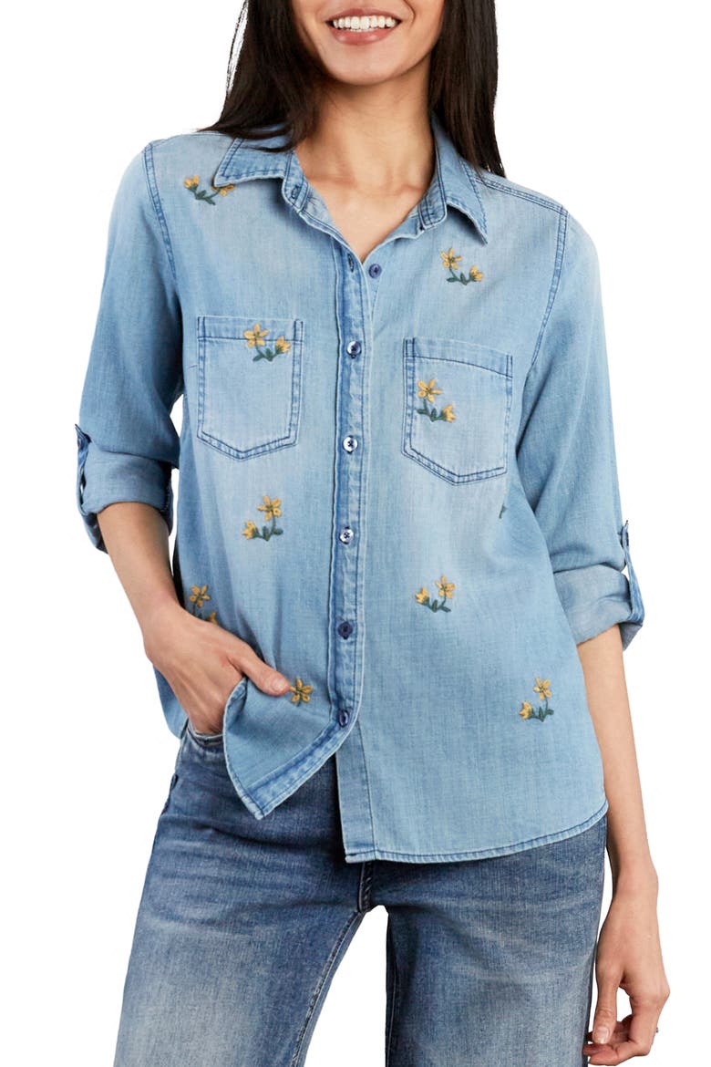 Sunny Ditsy Floral Embroidered Button-Up Shirt, Main, color, WASHED BLUE