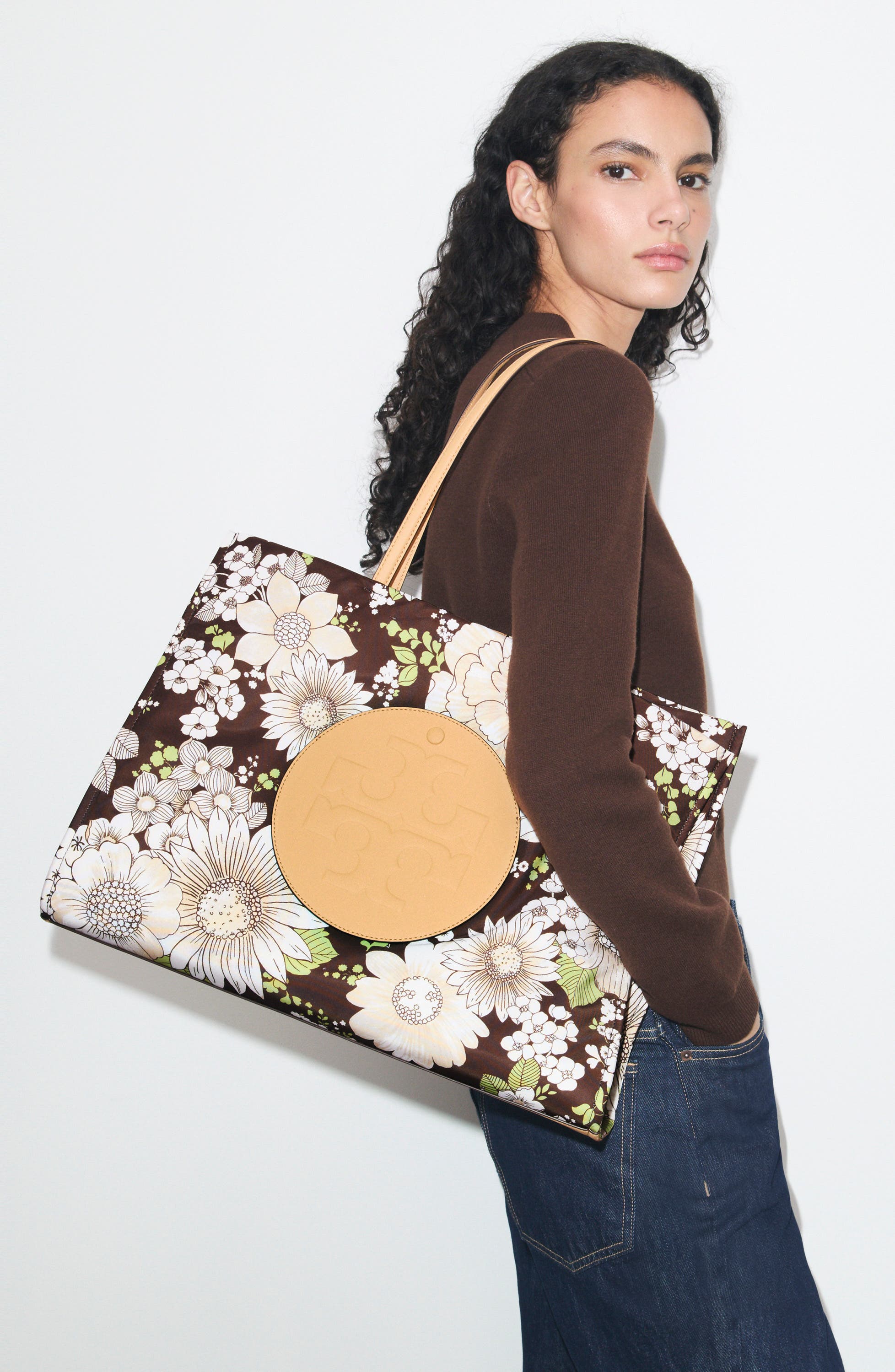 Ella Nylon Printed Tote, Alternate, color, FLORAL GREEN/ BROWN