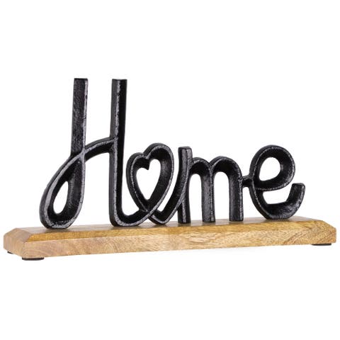 Metal Home with Heart Sign with Wooden Base - 12"