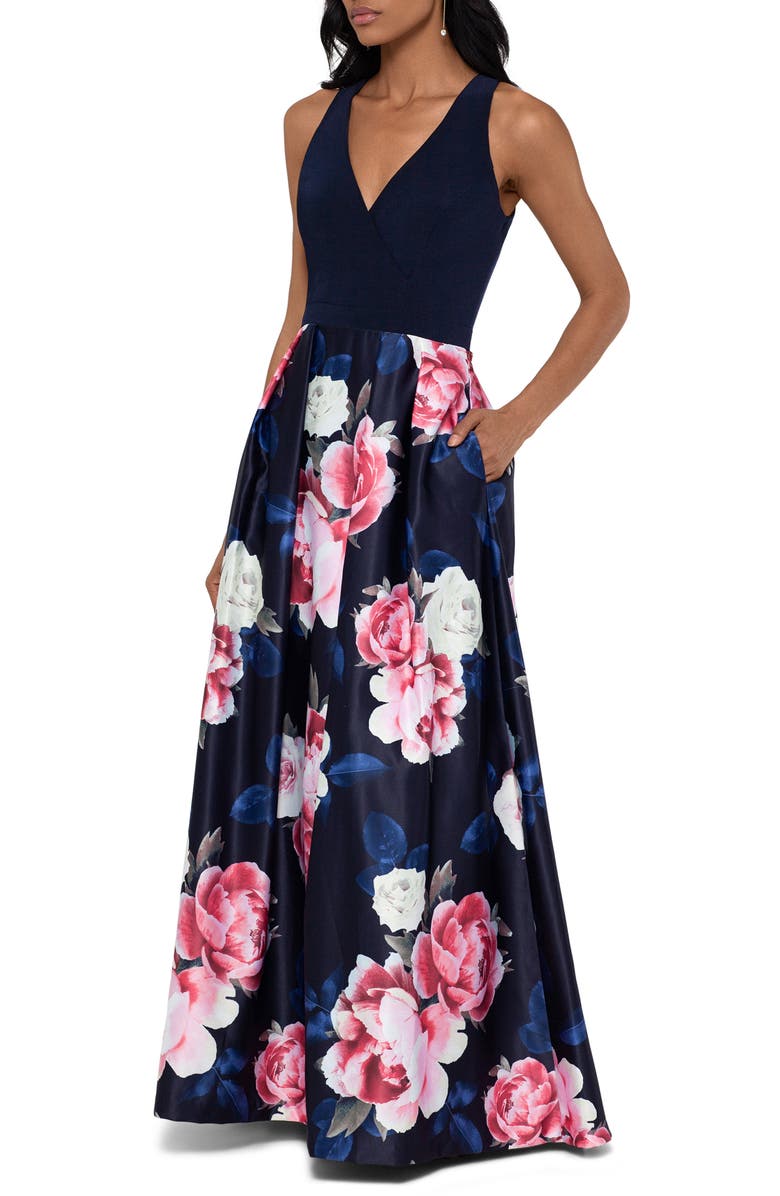 Xscape Evenings Xscape Floral V-Neck Satin Gown, Alternate, color,
