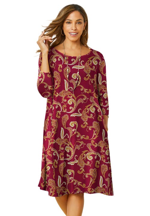 Jessica London Stretch Knit Three-quarter Sleeve T-shirt Dress In Red