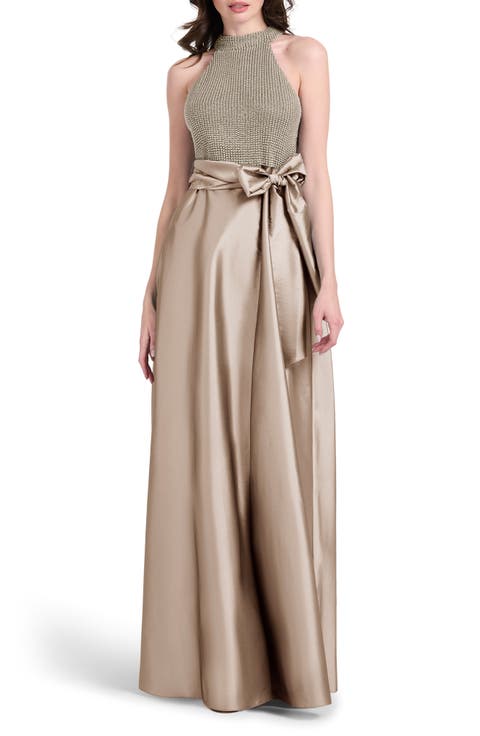 Beaded Mock Neck Sleeveless Taffeta Gown