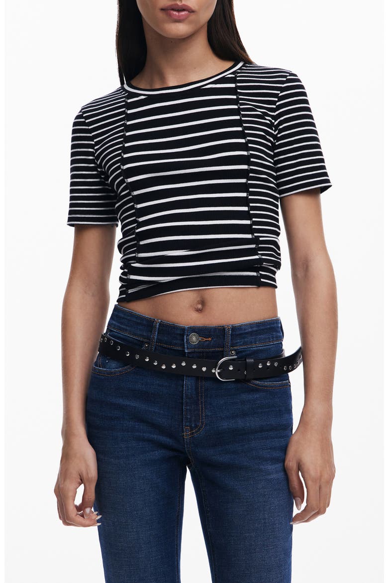 Stripe Cotton Rib Knit T-Shirt, Main, color, BLACK
