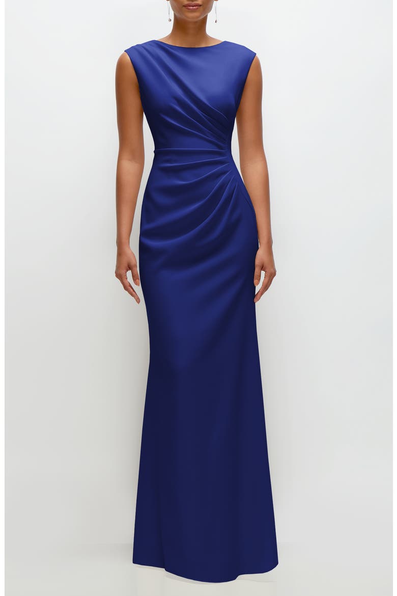 Ruched Cap Sleeve Crepe Trumpet Gown, Main, color, COBALT BLUE