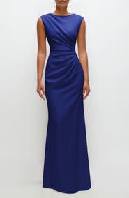 After Six Ruched Cap Sleeve Crepe Trumpet Gown