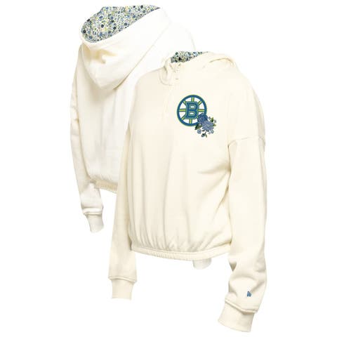 Women's New Era Cream Boston Bruins Glam Game Quarter-Zip Cropped Floral Hoodie Pullover