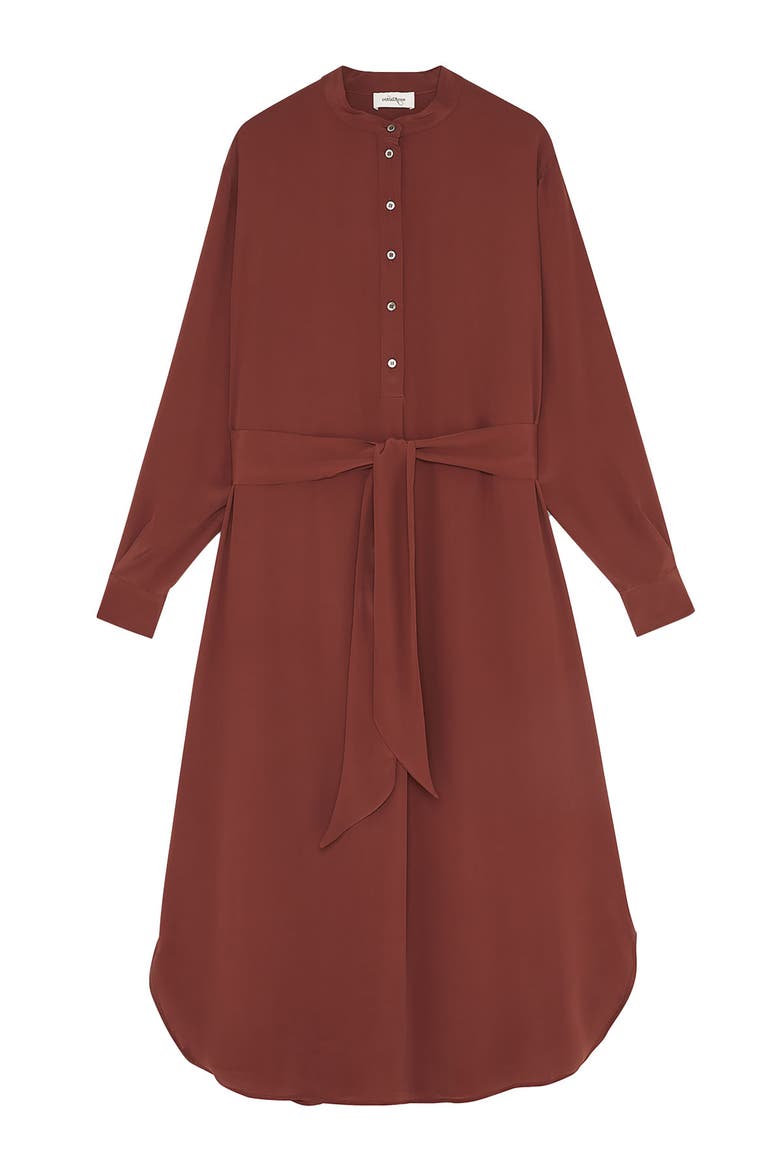 Silk-Blend Midi Dress With Sash, Alternate, color, Brown