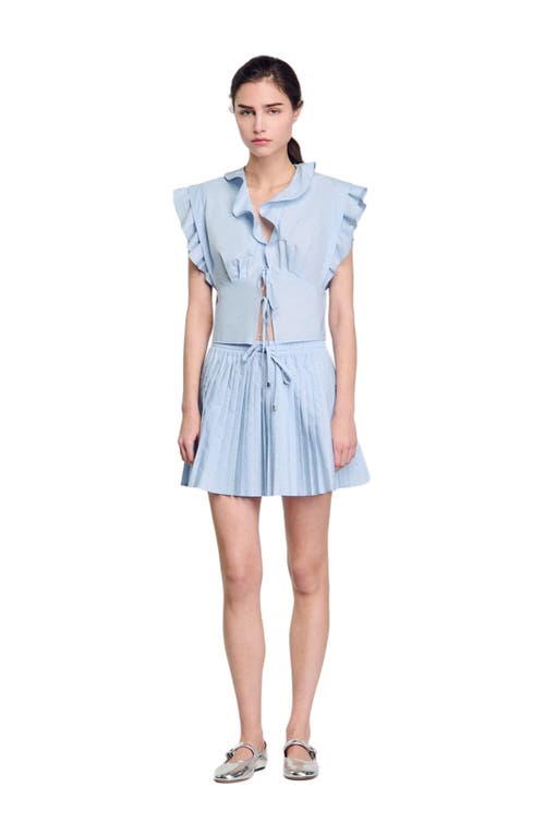 Sandro Womens Bleus Rhinestone-embellished Ruffled-trim Cotton Top In Sky Blue