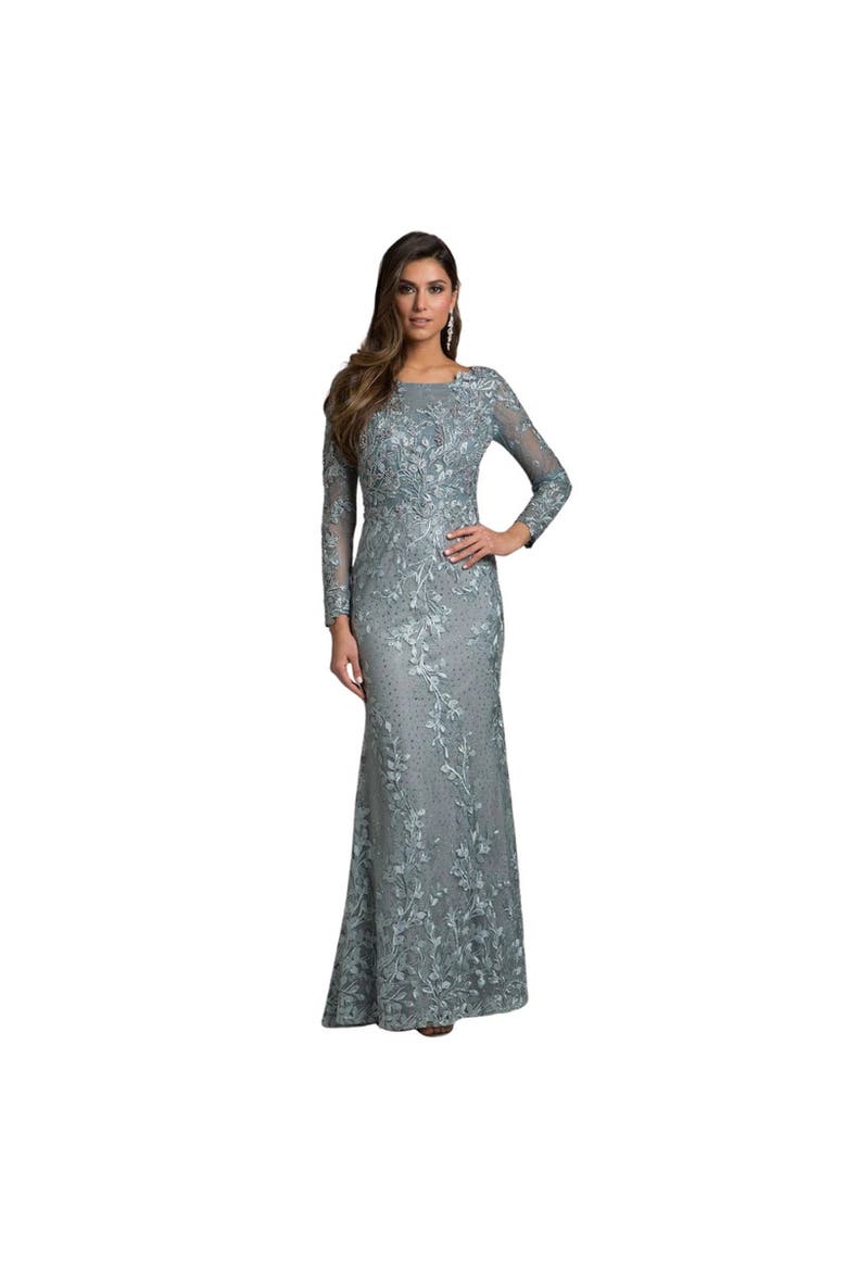 Long Sleeve Lace Dress With Lace Appliques, Main, color, Grey