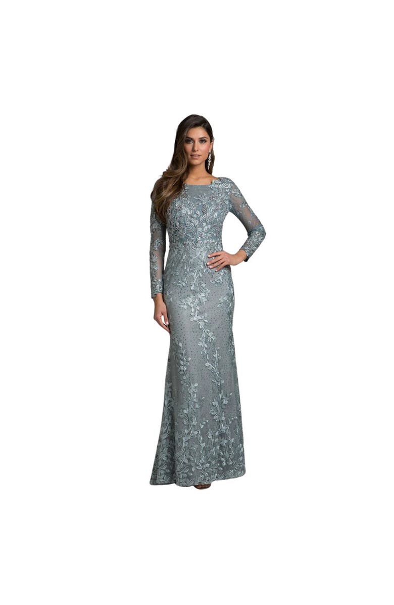 LARA New York Long Sleeve Lace Dress With Lace Appliques, Main, color, Grey