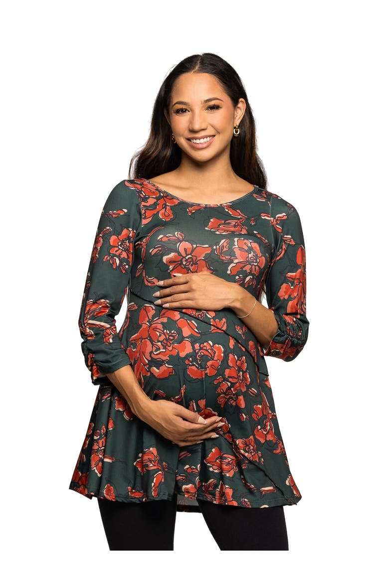 Maternity Essential Floral Print Three Quarter Sleeve Tunic Top, Main, color, Green Multi