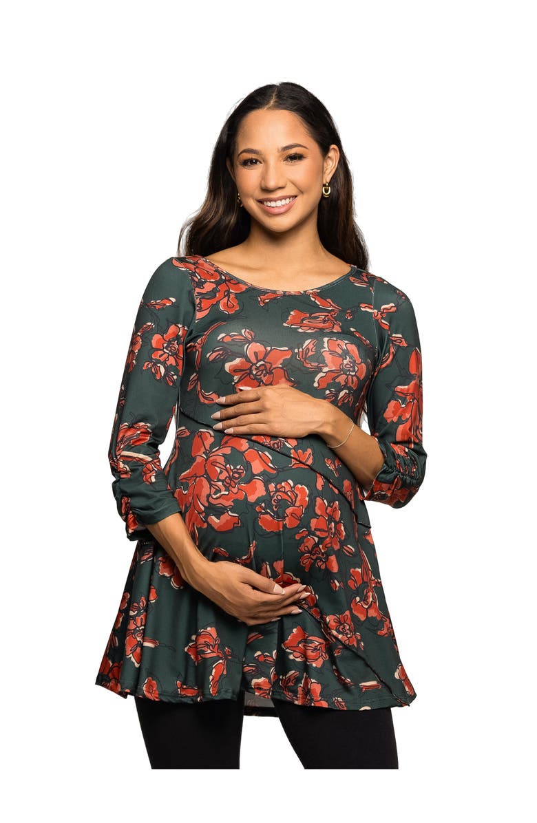 24seven Comfort Apparel Maternity Essential Floral Print Three Quarter Sleeve Tunic Top, Main, color, Green Multi