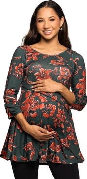 24seven Comfort Apparel Maternity Essential Floral Print Three Quarter Sleeve Tunic Top