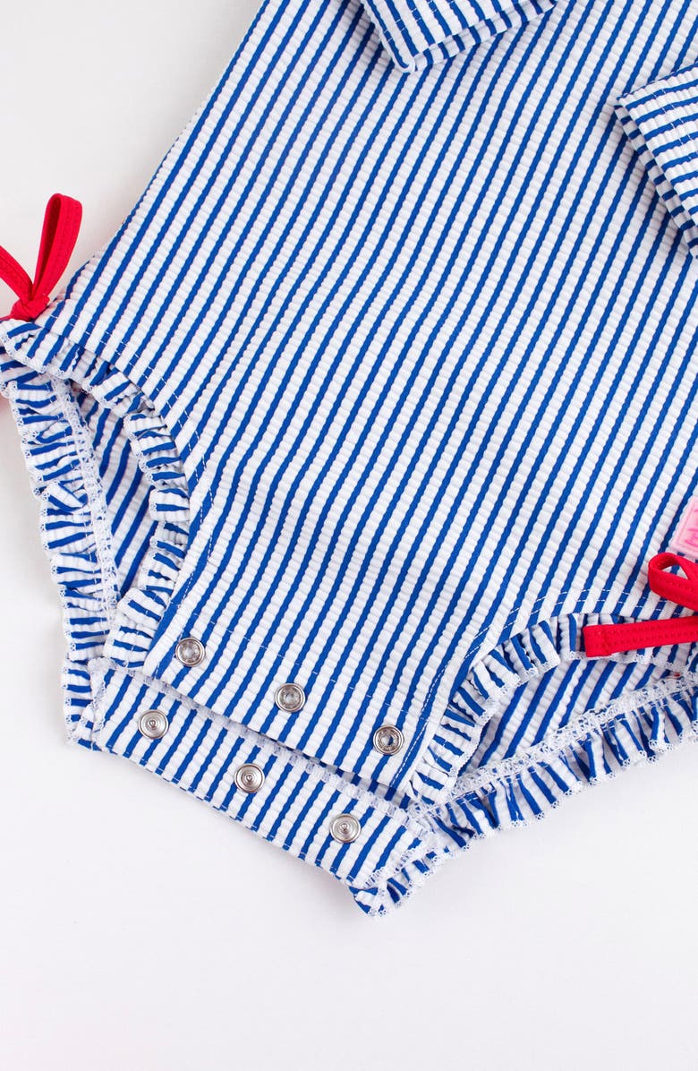 RuffleButts Seersucker Long Sleeve One-Piece Swimsuit, Alternate, color, Blue Seersucker