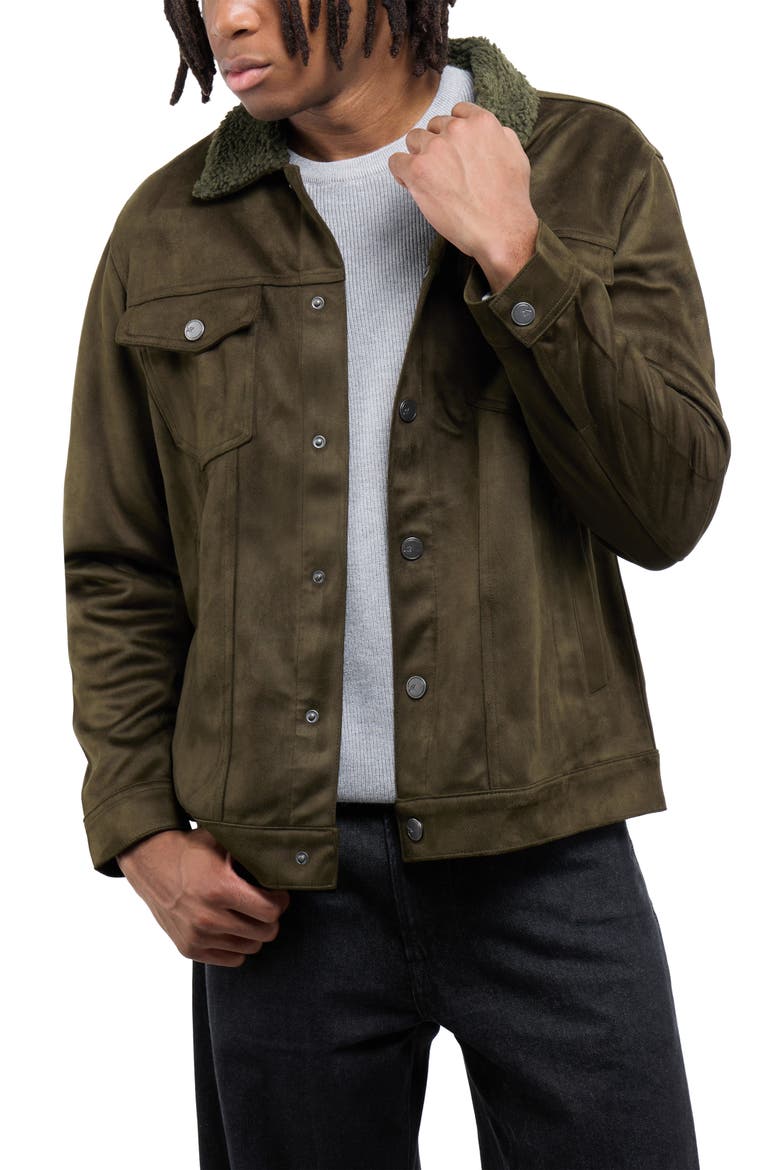 Faux Fur Collar Faux Suede Jacket, Alternate, color, OLIVE