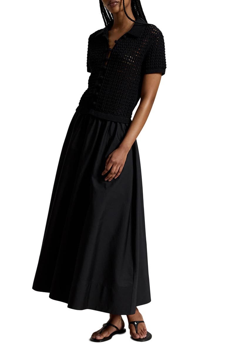 Polo Ralph Lauren Open Stitch Bodice Mixed Media Cotton Dress, Main, color, Polo Black