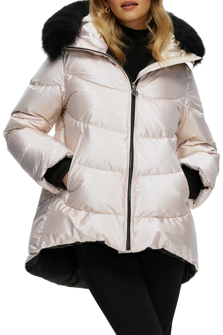 Apres-Ski High-Low Jacket with Detachable Genuine Shearling Hood Trim, Alternate, color, GOLD/BLACK