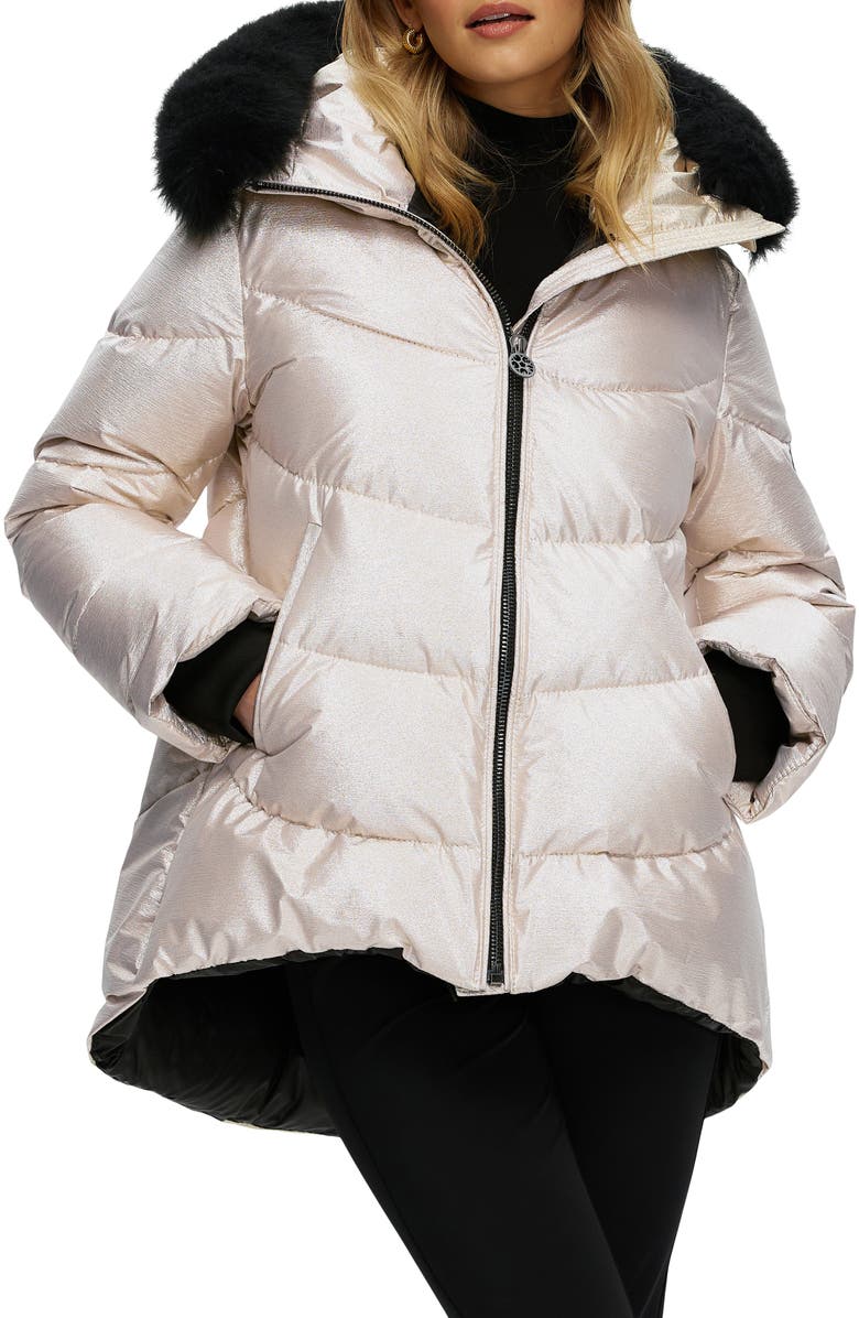 GORSKI Apres-Ski High-Low Jacket with Detachable Genuine Shearling Hood Trim, Alternate, color, Gold/Black