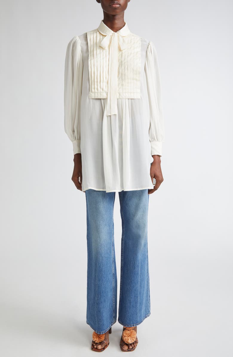 Ulla Johnson Adelaide Bib Pleat Silk Tunic Top, Alternate, color, Pearl