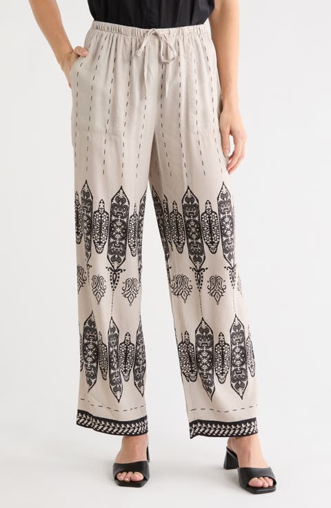 Printed Wide Leg Linen Blend Pants