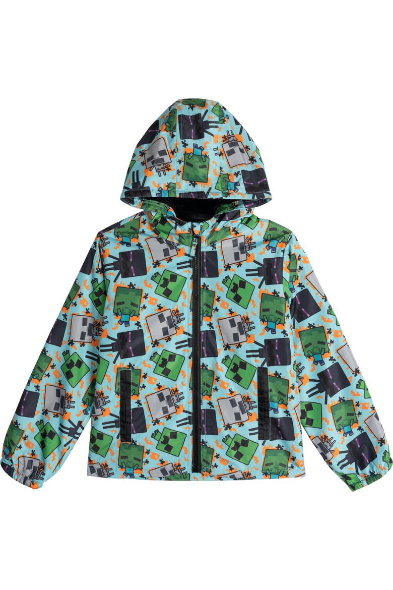 Hooded Zip-up Rain Jacket (little Kid & Big Kid), Main, color, Minecraft Light Blue