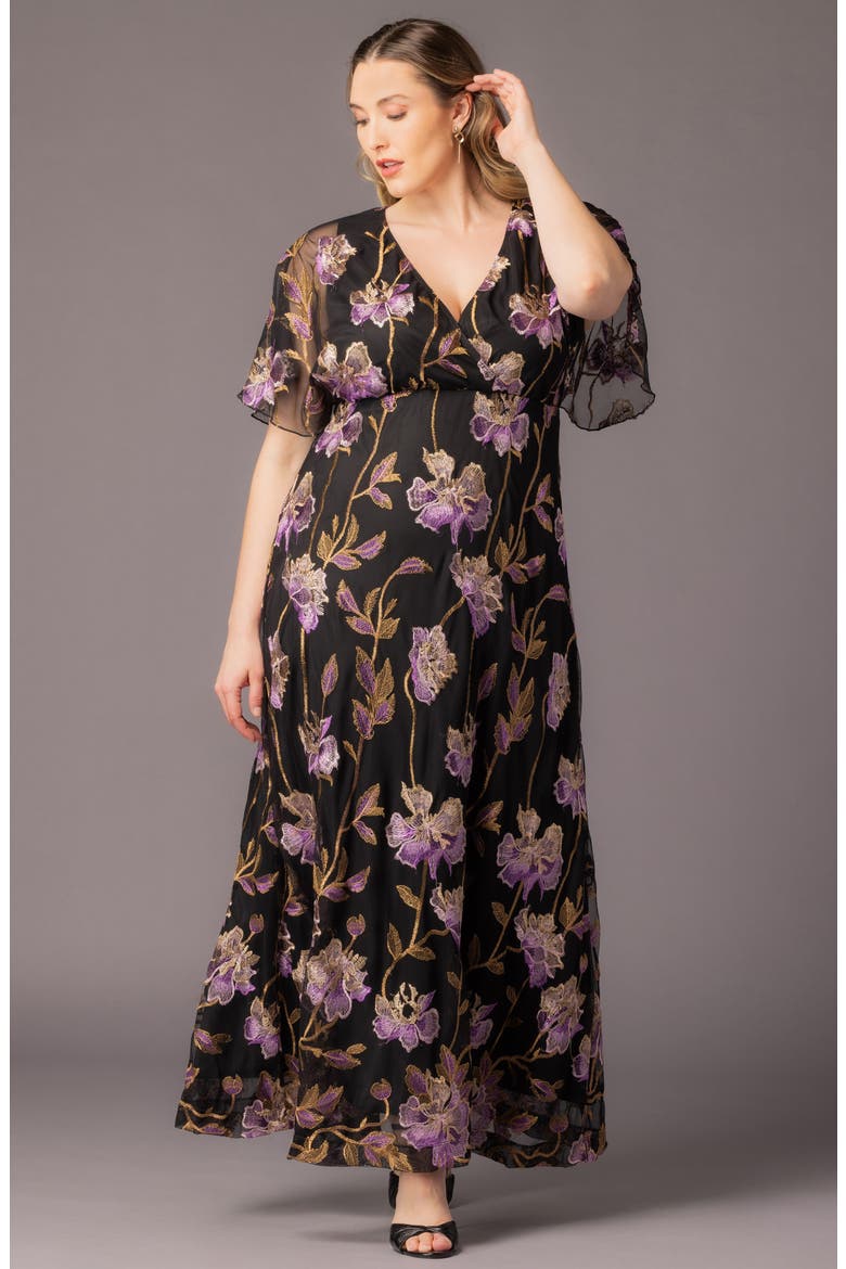 Embroidered Elegance Floral Gown, Alternate, color, PURPLE PEONIES