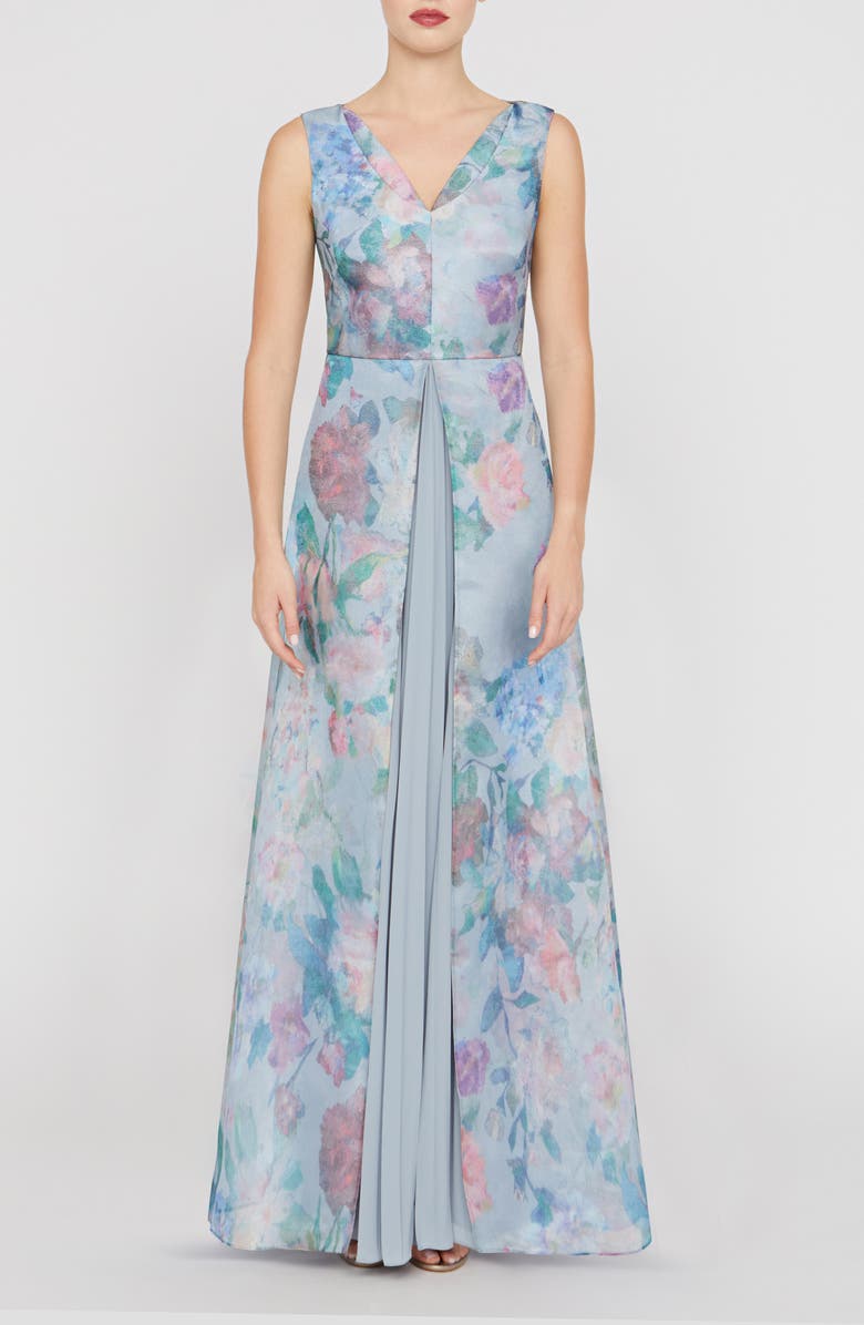 Kay Unger Merida Floral Print Sleeveless Gown, Main, color, Spring Mist