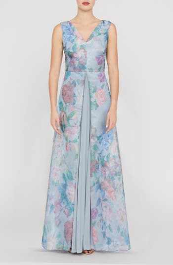 Kay Unger Merida Floral Print Sleeveless Gown In Spring Mist