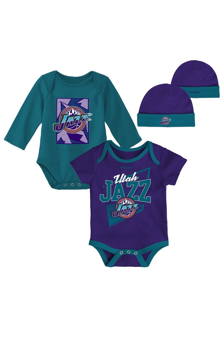 Infant Mitchell & Ness Purple/Teal Utah Jazz Hardwood Classics Bodysuits & Cuffed Knit Hat Set, Main, color, Purple