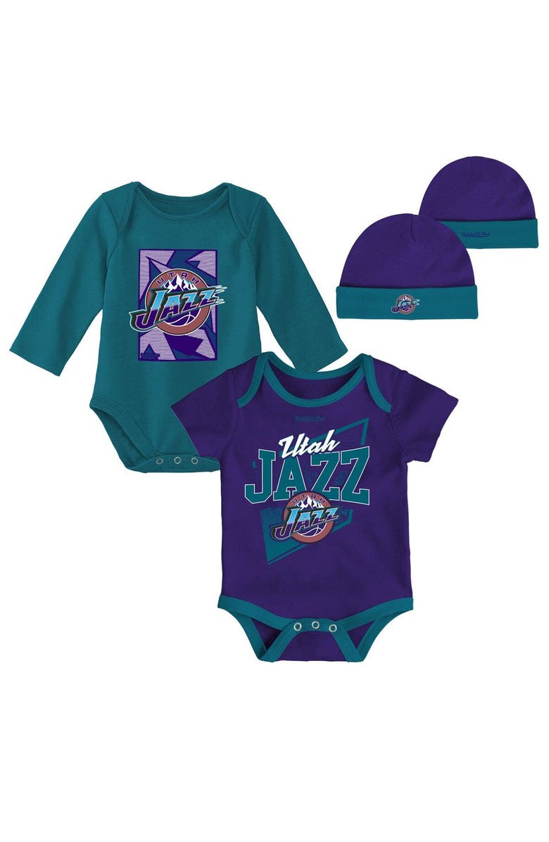 Mitchell & Ness Infant Mitchell & Ness Purple/Teal Utah Jazz Hardwood Classics Bodysuits & Cuffed Knit Hat Set, Main, color, Purple