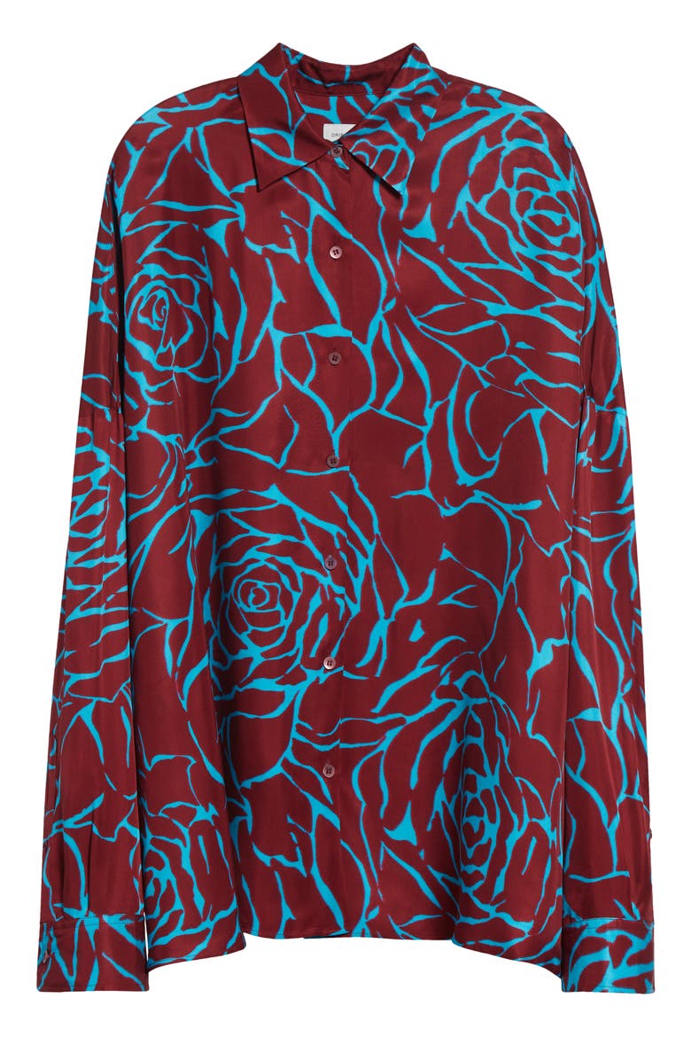 Casia Giant Couture Rose Print Satin Button-Up Shirt, Alternate, color, BURGUNDY