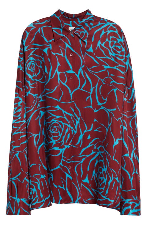 Casia Giant Couture Rose Print Satin Button-Up Shirt