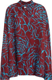 Dries Van Noten Casia Giant Couture Rose Print Satin Button-Up Shirt