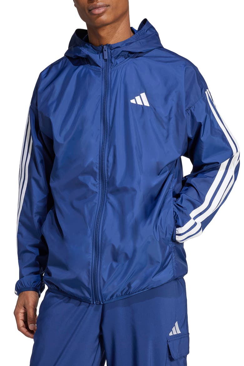 Essential 3-Stripes Hooded Windbreaker, Main, color, DARK BLUE/ WHITE