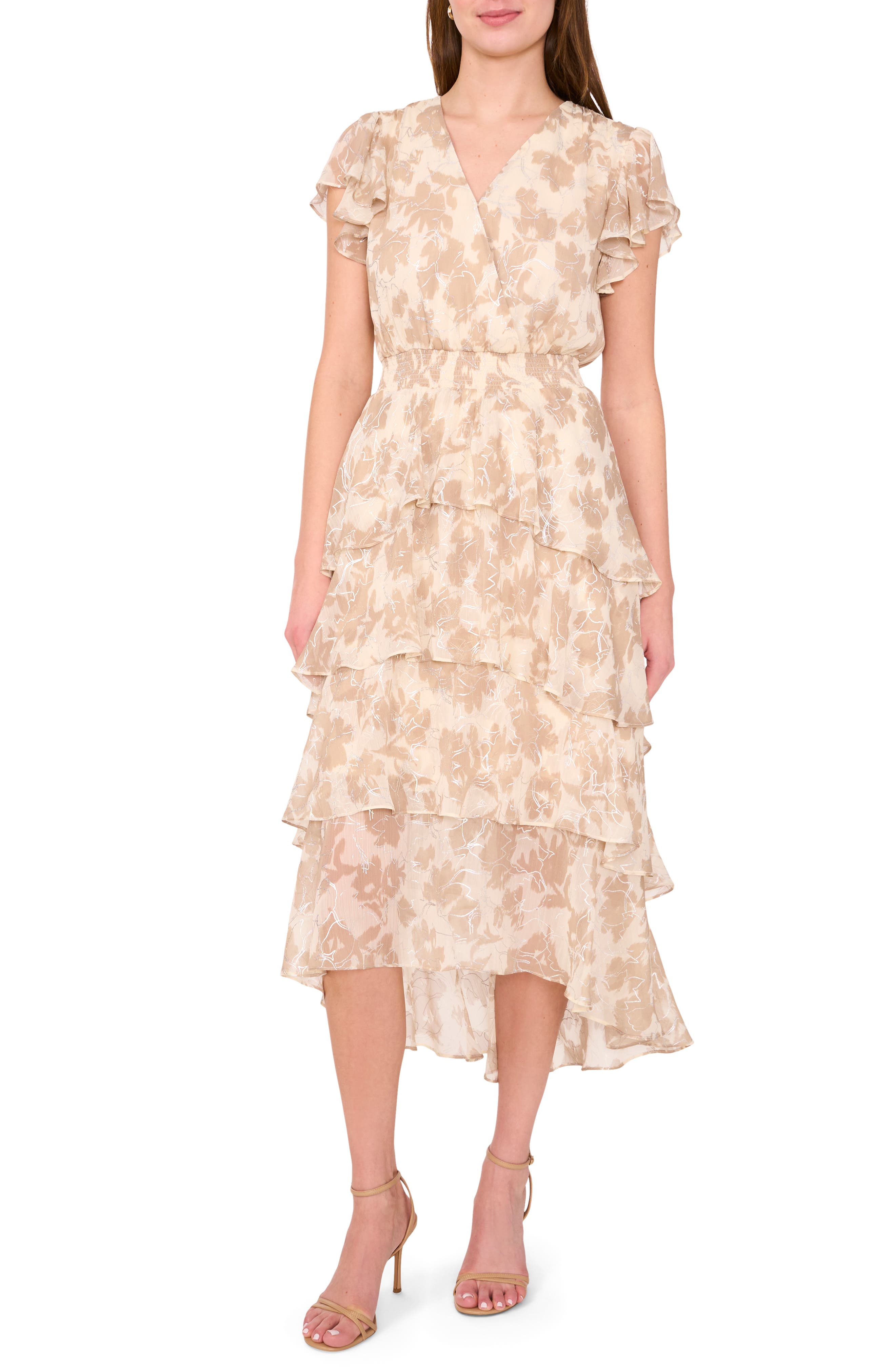 Halogen® Floral Flutter Sleeve Tiered Maxi Dress