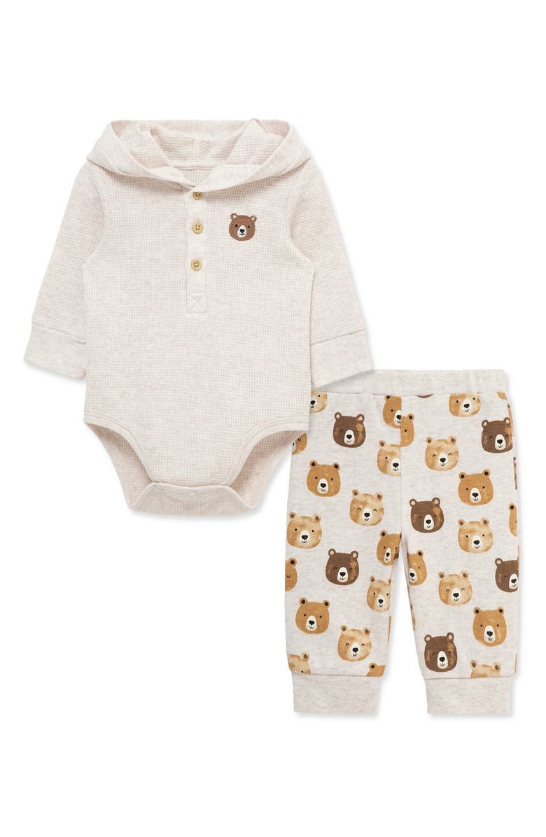 Little Me Bear Hooded Bodysuit & Joggers Set, Alternate, color, Oatmeal