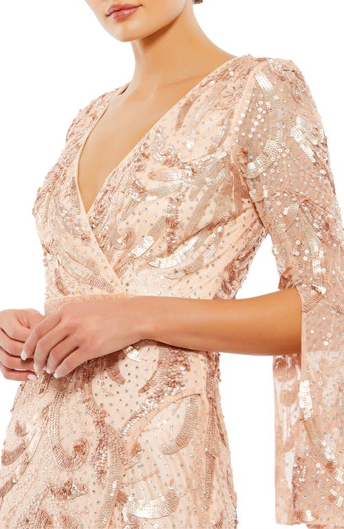Mac Duggal Sequined Faux Wrap Split Long Sleeve Gown In Rose Gold