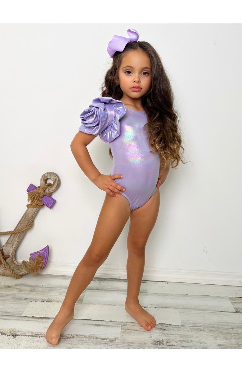 Mia Belle Girls Blooming Rose Sleeve Metallic One Piece Swimsuit, Alternate, color, Purple