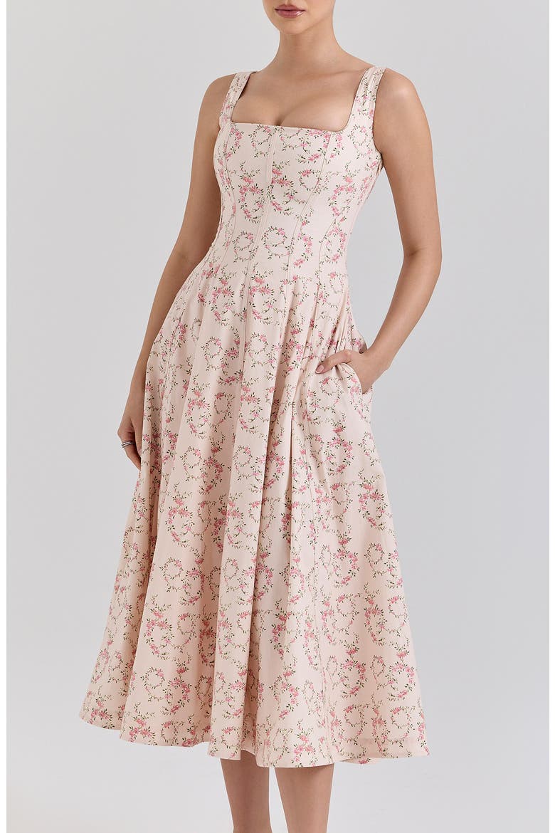 Mariabella Lace-Up Stretch Cotton Midi Dress, Alternate, color, VINTAGE FLORAL CREAM