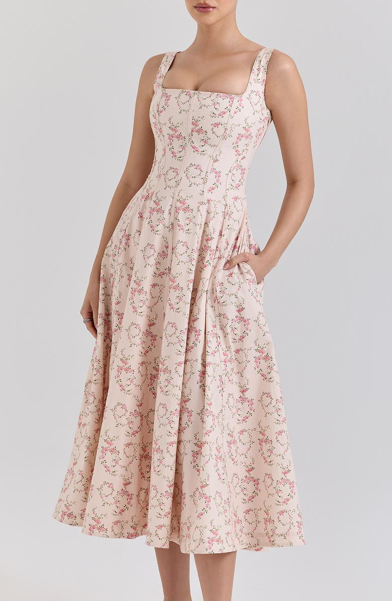 HOUSE OF CB Mariabella Lace-Up Stretch Cotton Midi Dress, Alternate, color, Vintage Floral Cream