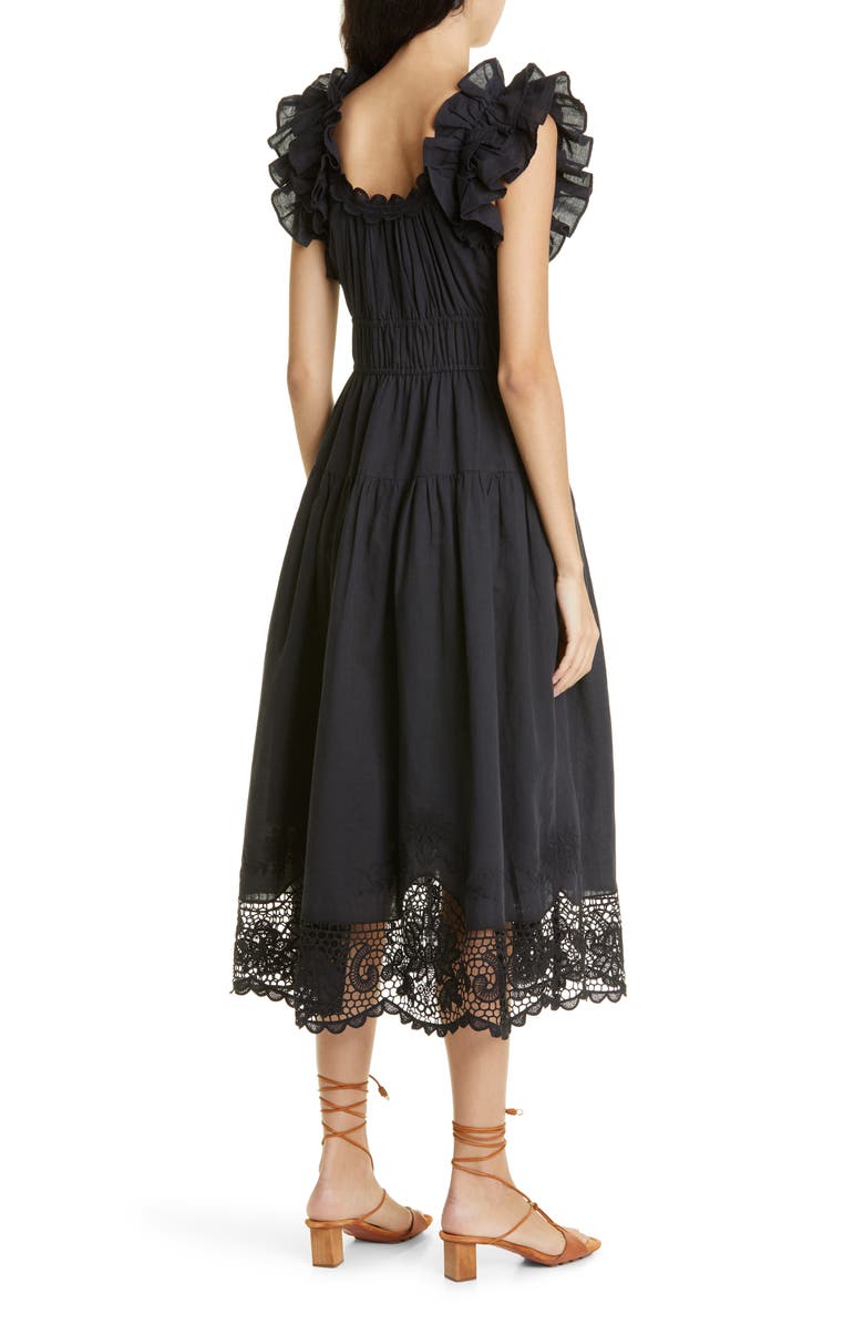 Ulla Johnson Leona Smocked Ruffle Linen Blend Midi Dress, Alternate, color,