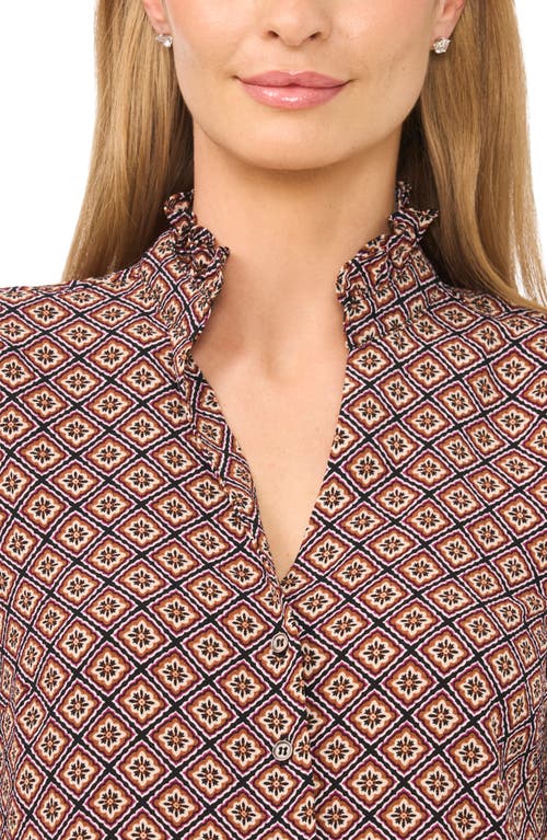Cece Ruffle Neck Button Front Shirt In Brown